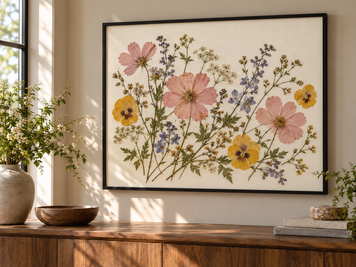 Illustration of papery pink, lavender, and yellow pressed flowers arranged in a black frame